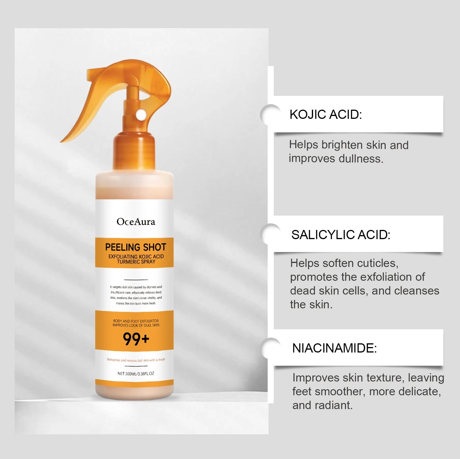 Kojic Acid Turmeric Body Exfoliating Spray with Hyaluronic Acid Niacinamide for Brightening Dark Spots Gentle Exfoliation 100ml