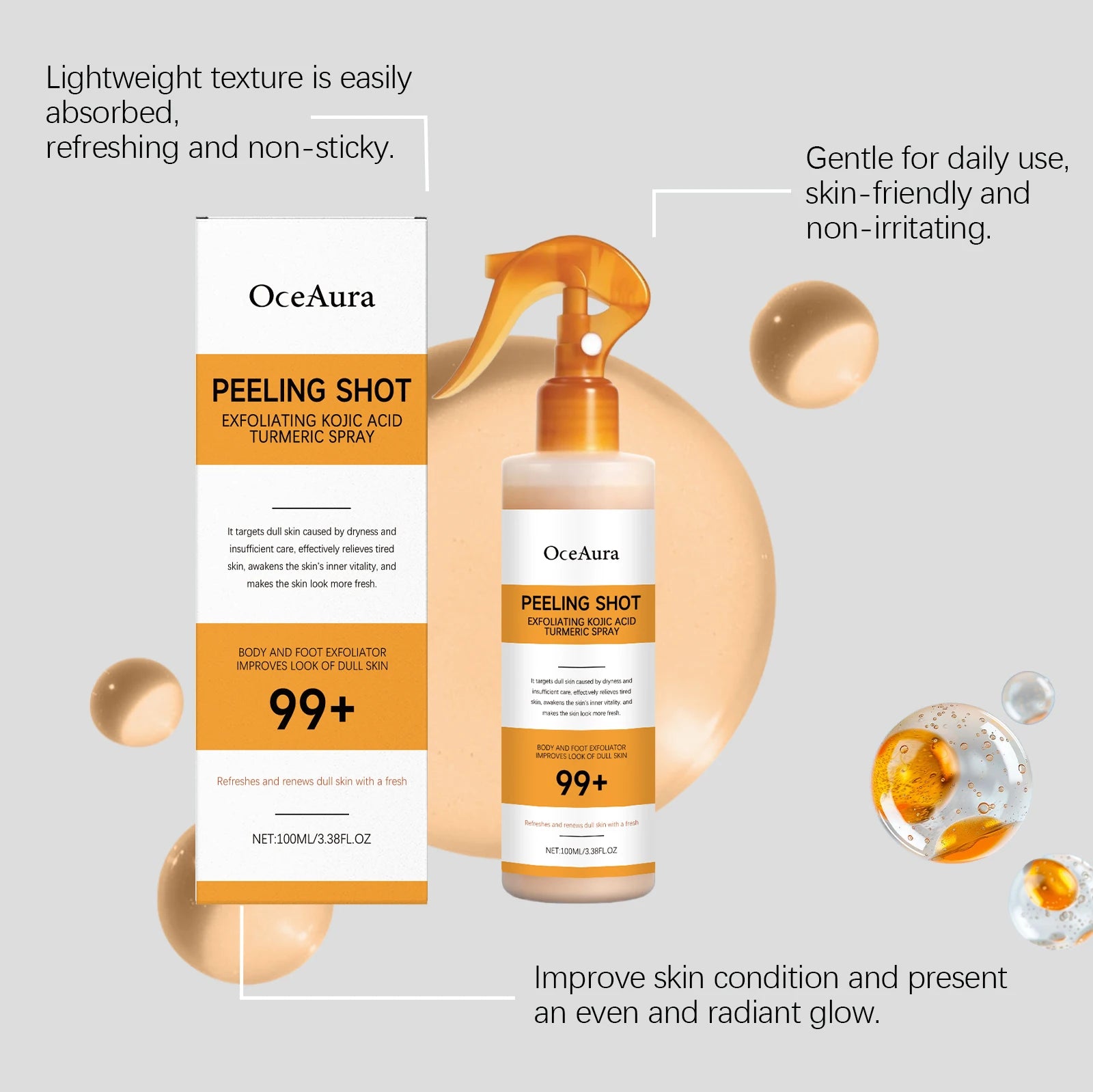 Kojic Acid Turmeric Body Exfoliating Spray with Hyaluronic Acid Niacinamide for Brightening Dark Spots Gentle Exfoliation 100ml