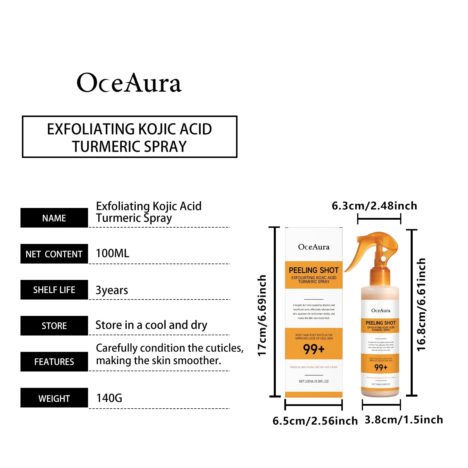 Kojic Acid Turmeric Body Exfoliating Spray with Hyaluronic Acid Niacinamide for Brightening Dark Spots Gentle Exfoliation 100ml